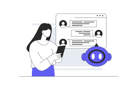 Smart Chatbot Support and Mobile Assistant AI Communication. Female Specialist Using Smartphone with Chat Windows and Virtual Bot Icon. Flat Cartoon Vector Illustration, icon Stylish abstract design 