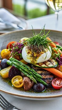 Vegetable burrata gourmet plate with roasted asparagus cherry tomatoes and colorful vegetables for restaurant menu background and food poster