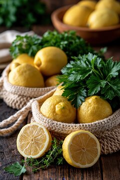 Fresh lemons and green herbs in a crocheted string bag on a rustic wooden surface for recipe styling, food background and eco packaging