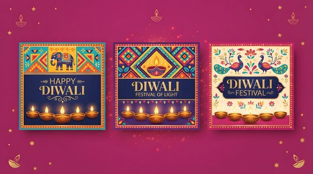 Set of three diwali festival greeting cards with traditional diya lamps, elephant, and peacock motifs in vibrant colorful patterns