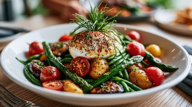 Fresh burrata vegetable salad with cherry tomatoes asparagus roasted potatoes and herbs on white plate for restaurant menu design and food blog background