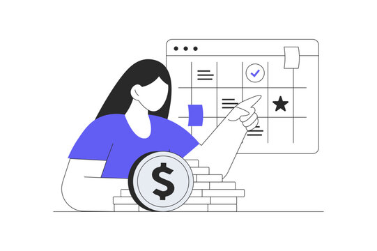 Business Audit Control and Inspecting Financial Planning Calendar. Female Specialist Pointing at Calendar Schedule Board with Money Stack. Flat Cartoon Vector Illustration icon Stylish abstract design