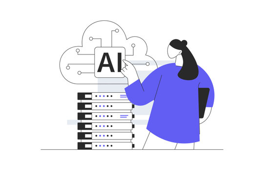 Cloud Artificial Intelligence Computing and Making Data Network. Female Specialist Pointing at Cloud AI Icon near Server Rack. Flat Cartoon Vector Illustration, icon Stylish abstract design landing 