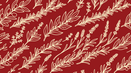 Fototapeta premium Seamless Red Pattern with Hand-Drawn Mediterranean Herbs: Rosemary, Lavender, and Olive Branches. Flat vector illustration EPS 10.