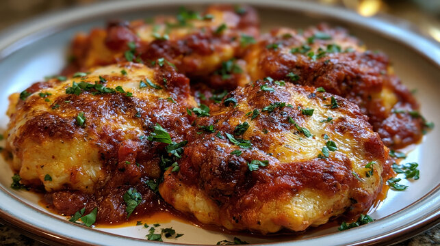 Homemade beef lasagna layered casserole with melted cheese and marinara sauce for restaurant menu food blog banner and background design