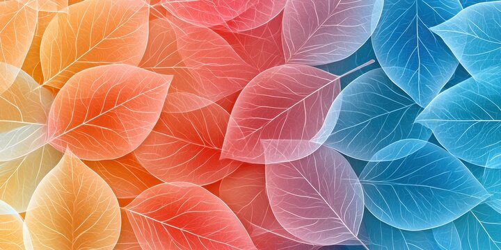 Seamless veined transparent leaves pattern with rainbow gradient pastel colors for vibrant wallpaper background and poster design