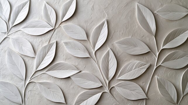 White embossed botanical leaf relief texture background with sculpted foliage for wallpaper and interior design projects