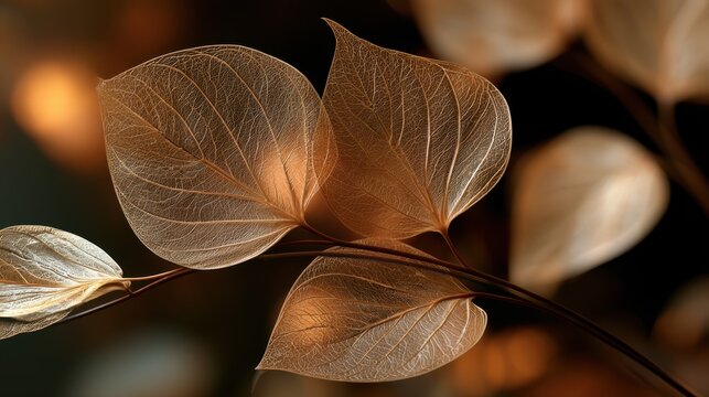 Translucent veined leaves warm backlit cluster closeup showcasing delicate veins for botanical background and natural texture wallpaper