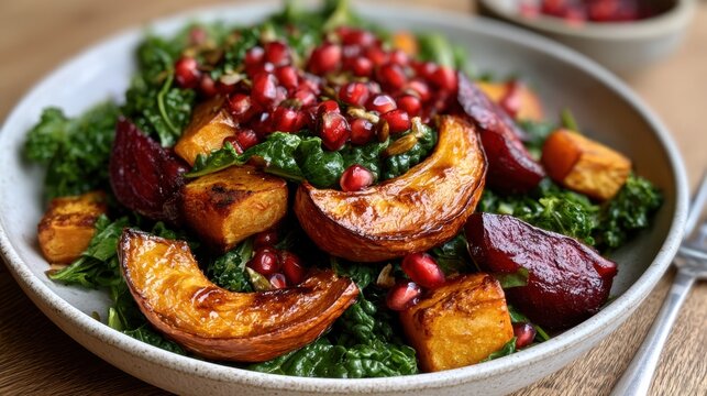 Roasted squash and kale salad with pomegranate and arugula for healthy menu background, recipe banner, autumn harvest dinner and seasonal food design