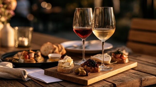 Two red and white wine glasses with crostini and a restaurant bill on a rustic wooden table for intimate evening dining background and menu layout