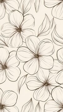 Hand drawn sketch floral pattern with flowing petals and soft ink outlines on warm beige background for wallpaper and fabric design