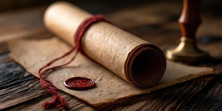 Closeup vintage parchment scroll tied with red twine and wax seal on wooden table for antique document background and historical banner design
