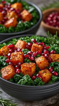 Kale roasted squash pomegranate salad bowl for healthy recipe post and vegan meal prep banner featuring caramelized squash cubes and leafy greens