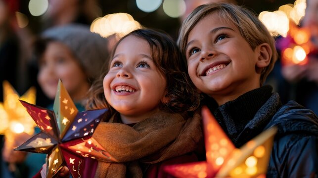 St. Martin's Day. Joyful smiling children with glowing star lanterns at night lantern festival celebration for poster and banner design