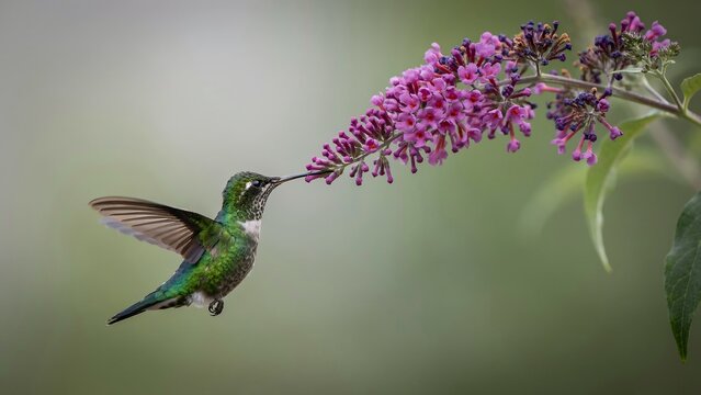 Hummingbird hovering near a purple flowering branch in a natural garden setting
