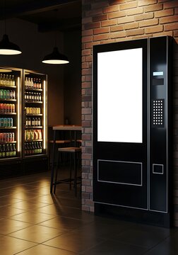 Smart Vending Machine with Blank Display Screen in Modern Urban Cafe