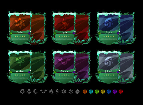Christmas-themed elemental trading card collection featuring snow-covered winter frames, fire, water, nature, arcane, and wind element cards with matching icons and colorful gems
