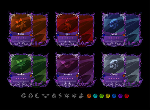 Halloween-themed elemental trading card collection featuring gothic spider web frames, fire, water, nature, arcane, and wind element cards with matching icons and colored gems. Perfect for fantasy RPG
