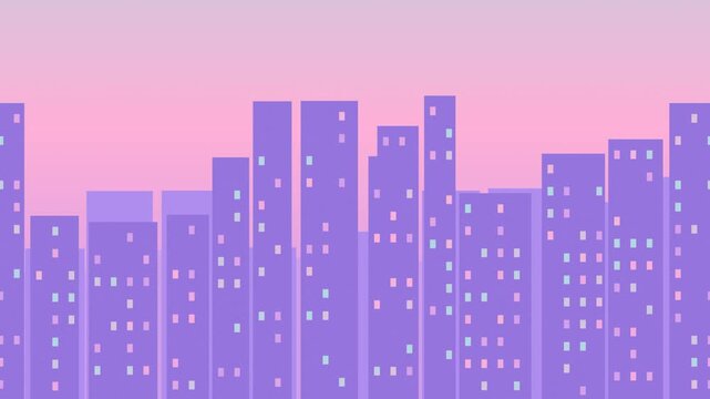 City skyline silhouette parallax, seamless loop motion background, holographic pastel