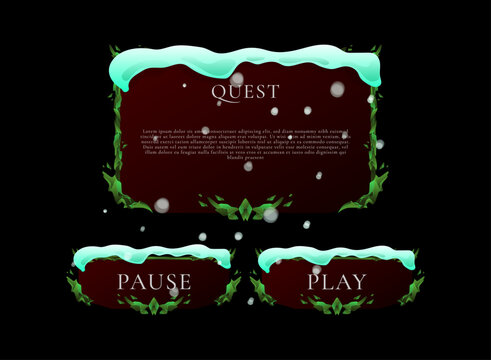 Christmas fantasy medieval game interface featuring a snow-covered quest panel, winter-themed menu buttons, decorative nature frame, falling snow effects, and festive GUI elements.