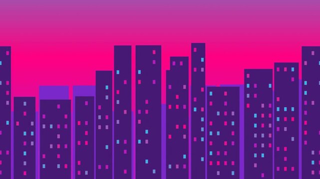City skyline silhouette parallax, seamless loop motion background, neon cyber