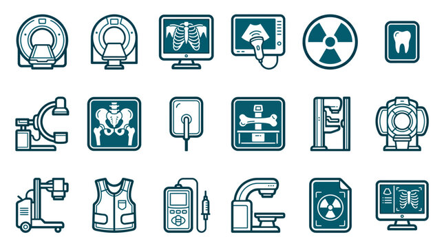 Medical radiology line icons set showcasing MRI scanners, diagnostic X-rays and ultrasound equipment, concept for healthcare diagnostics and medical imaging
