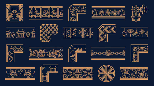 Traditional chinese vector border patterns and corner frames displaying oriental geometric lattice, mythical creatures and bamboo elements, concept for cultural branding and festive framing