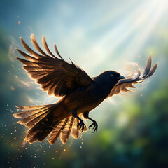 Naklejka premium Freedom and nature concept bird in flight with spread wings wildlife and environmental conservation sunlight and motion blurred