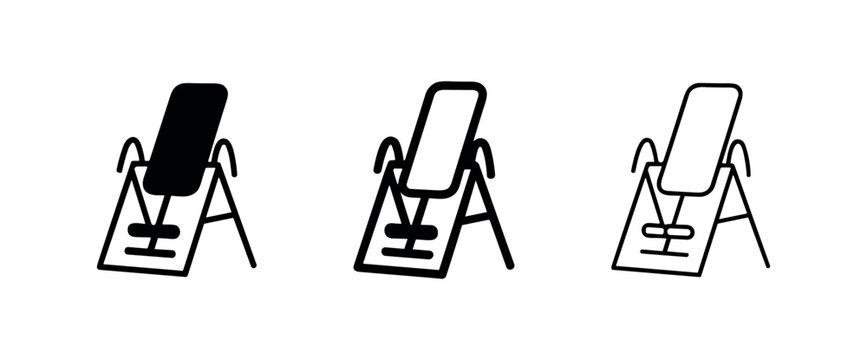 Inversion table therapy equipment icon set in three styles including solid, thick outline, and thin line art