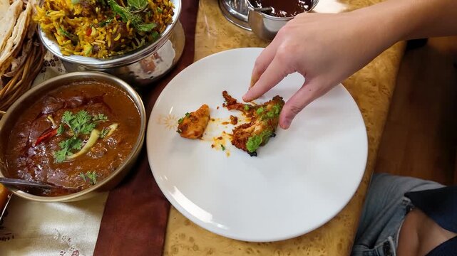 Person Eating Indian Chicken Tikka and Curry in Bangkok Restaurant