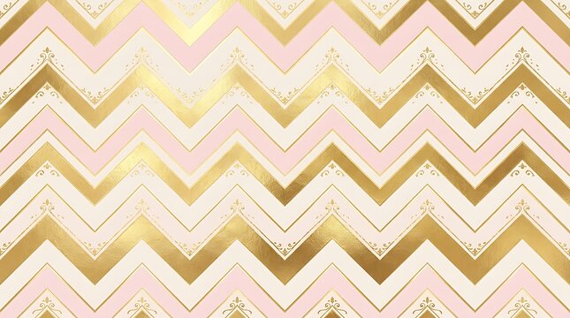 Seamless pattern with chevron zigzag lines in pastel pink and metallic gold foil texture background