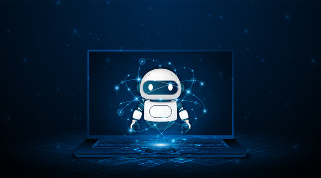 A high-tech white AI robot hovering above a laptop. A futuristic intelligent assistant robot.
