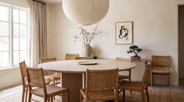 Minimalist dining room with round wooden table and rattan chairs