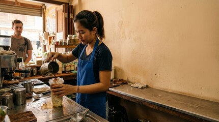 Fototapeta premium Woman Preparing Food in Small Kitchen with Wooden Shelves and Cooking Equipment
