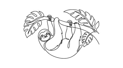 Naklejka premium One Line Drawing Sloth Hanging on Tree Branch with Leaves, Isolated