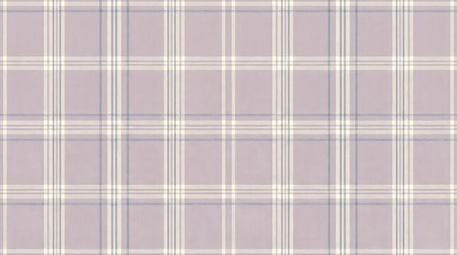 Classic plaid fabric pattern with intersecting thin white and dark blue lines on a pale lilac base