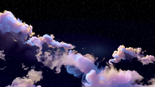 Colorful clouds swirl and drift across a starry night sky, creating a mesmerizing visual display of vibrant hues and soft textures in a celestial atmosphere
