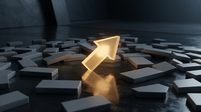 Glowing golden arrow rising from dark stone debris, financial growth concept, successful business direction and market recovery