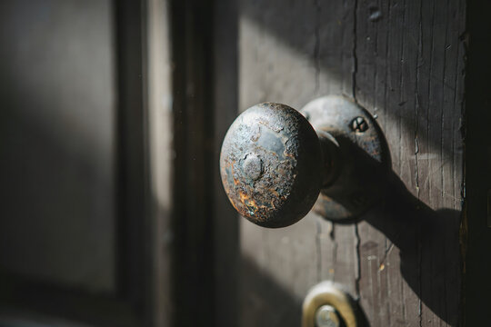 A close-up of an old, weathered, and rusted metal door knob attached to a dark wooden door with light casting shadows across the surface