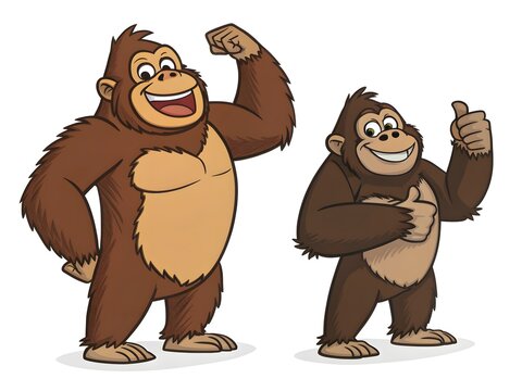 Happy cartoon gorillas flexing muscles