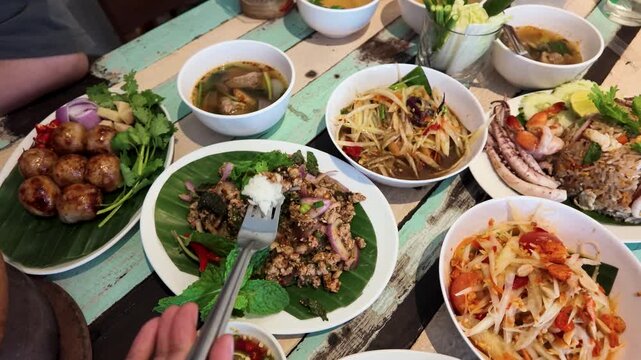Traditional Thai Street Food Spread with Papaya Salad and Larb Moo