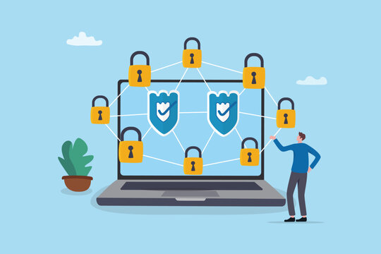 Digital security protection, network safety secured lock, encryption padlock cyberspace or information privacy, risk or threat, businessman computer laptop with safety shield and security padlock.