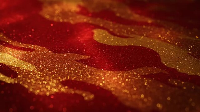 Sparkling fire flame glitter texture background. Close-up macro of red and gold shiny sequins forming a dynamic, stylized fiery pattern with bokeh effects.