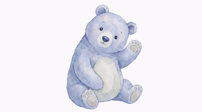 Watercolor blue teddy bear illustration, cute baby bear character on white background, soft pastel nursery art for kids