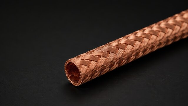 Copper Braided EMI Shielding Sleeve on Black Background