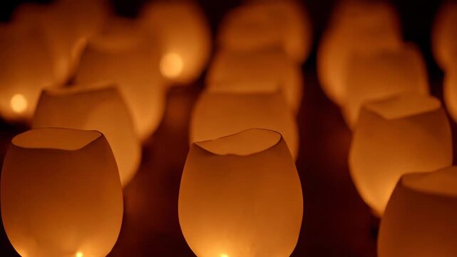 Warm glowing lanterns creating a soft, peaceful atmosphere in the dark, arranged in decorative rows for a festive or meditative ambiance.