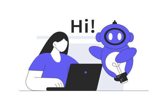 Artificial Intelligence Innovation and Friendly AI Technology Bot. Female Specialist Working on Laptop with Greeting Robot Holding Lightbulb. Flat Cartoon Vector Illustration, icon Stylish abstract 