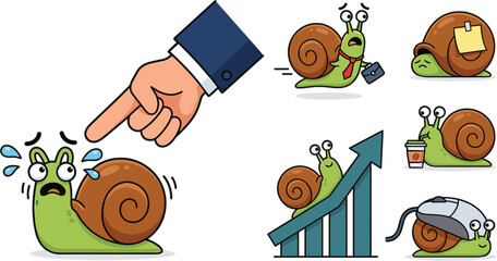 Funny snail businessman cartoon character set working slow under pressure being pressured by giant hand vector illustration collection © Dulal creation 