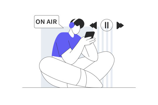 Online Podcast Streaming and Audio Broadcasting Transmission. Young Specialist Sitting Cross Legged with Headphones and Smartphone Listening to Live Stream. Flat Cartoon Vector Illustration, icon web