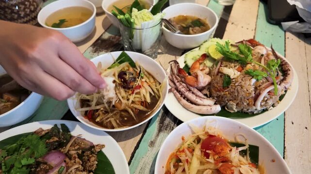 Person Eating Traditional Thai Street Food with Sticky Rice